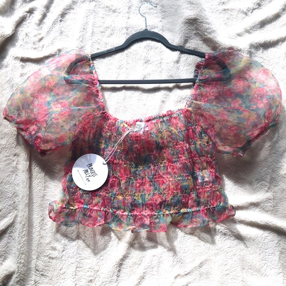 Sheer floral puff sleeve crop top - Picture 3 of 3